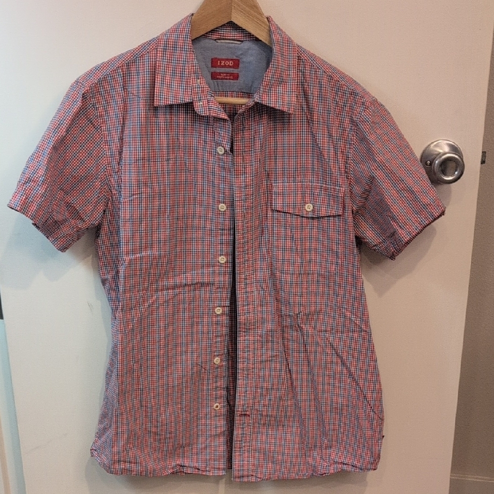 Izod Men's Red and Blue Plaid Button Down Shirt